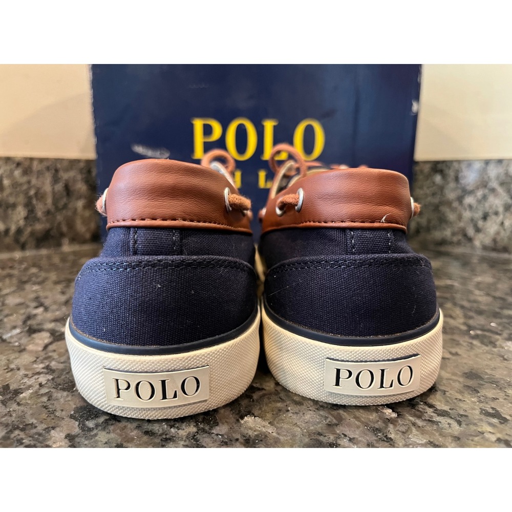 Polo Ralph Lauren Franz Mens Boat Shoes Navy Blue Brown Canvas Loafers Size 9D - Picture 5 of 10
